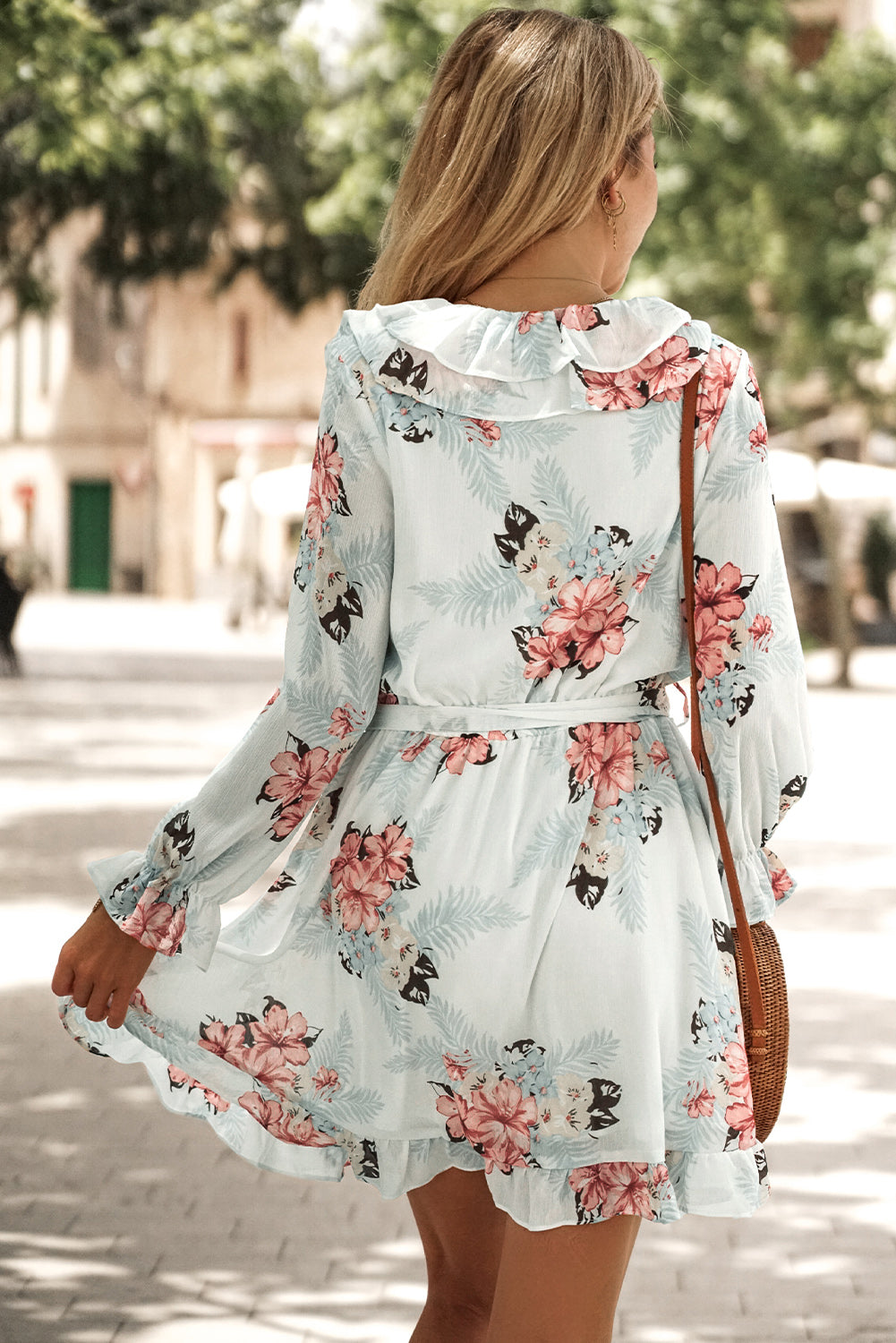 Floral Ruffled V-Neck Belted Dress