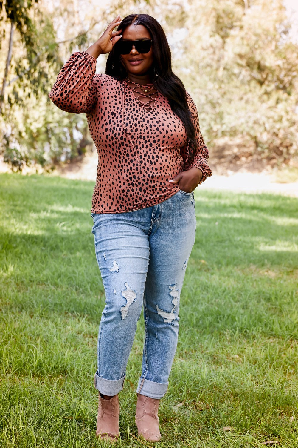Sugarfox Wild Living Full Size Leopard Lace-Up Top