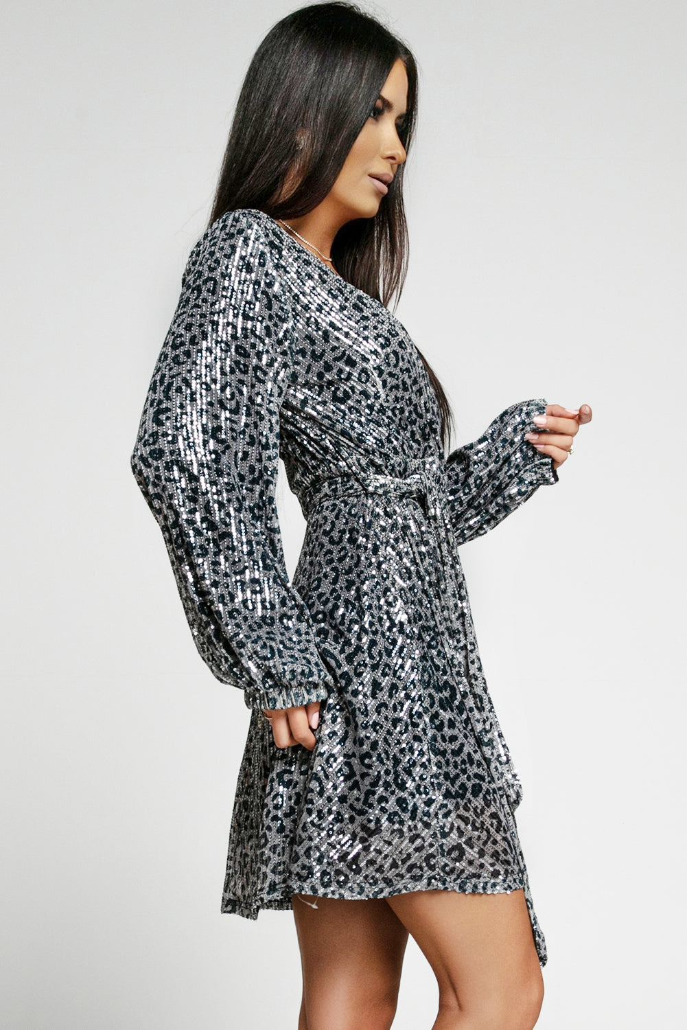 Leopard Sequin Belted Balloon Sleeve Dress