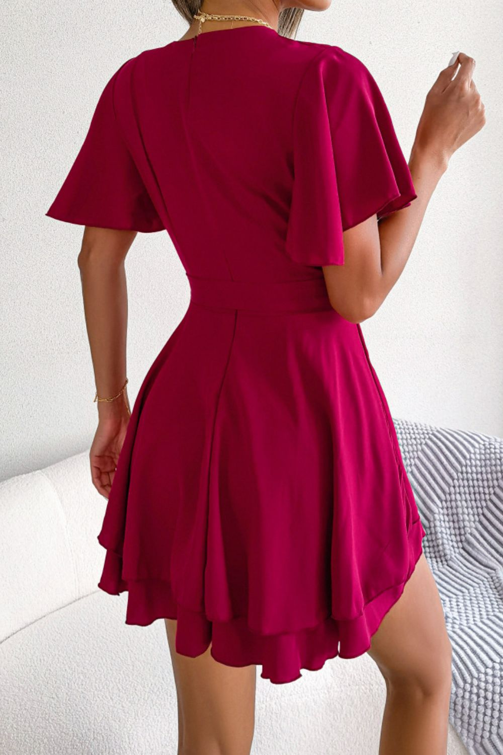 Tie Waist Flutter Sleeve Ruffled Dress