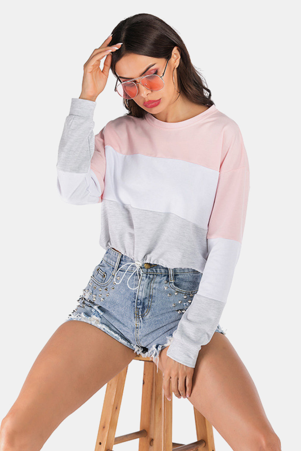 Full Size Color Block Drawstring Hem Cropped Sweatshirt