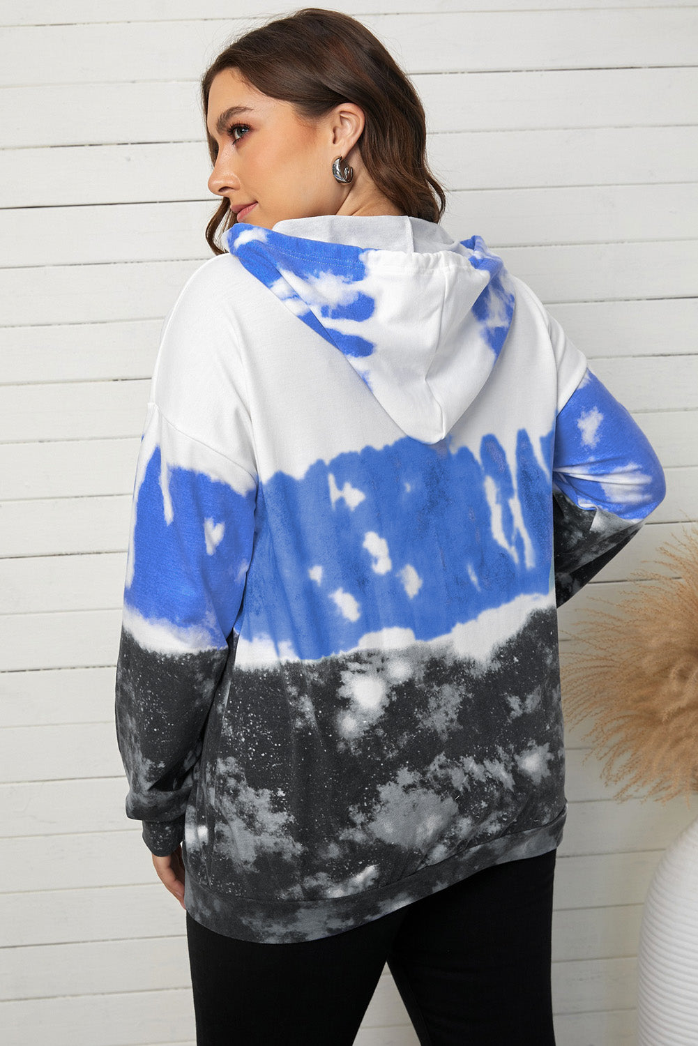 Plus Size Tie-Dye Color Block Tunic Hoodie with Kangaroo Pocket