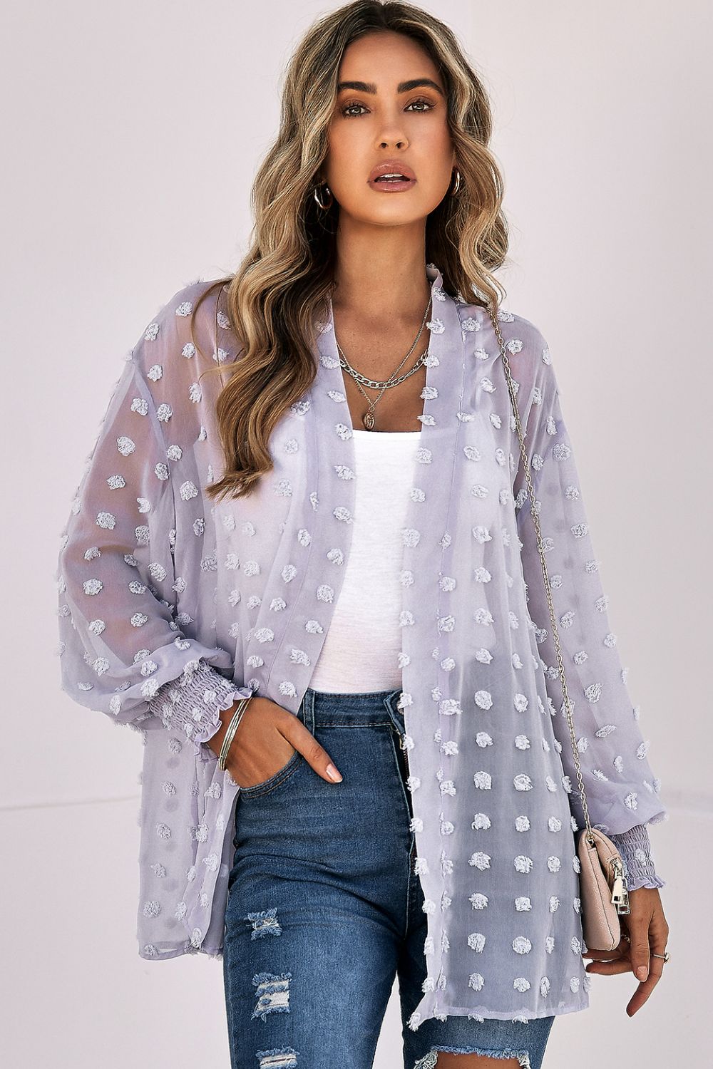Swiss Dot Smocked Cuff Open Front Sheer Top