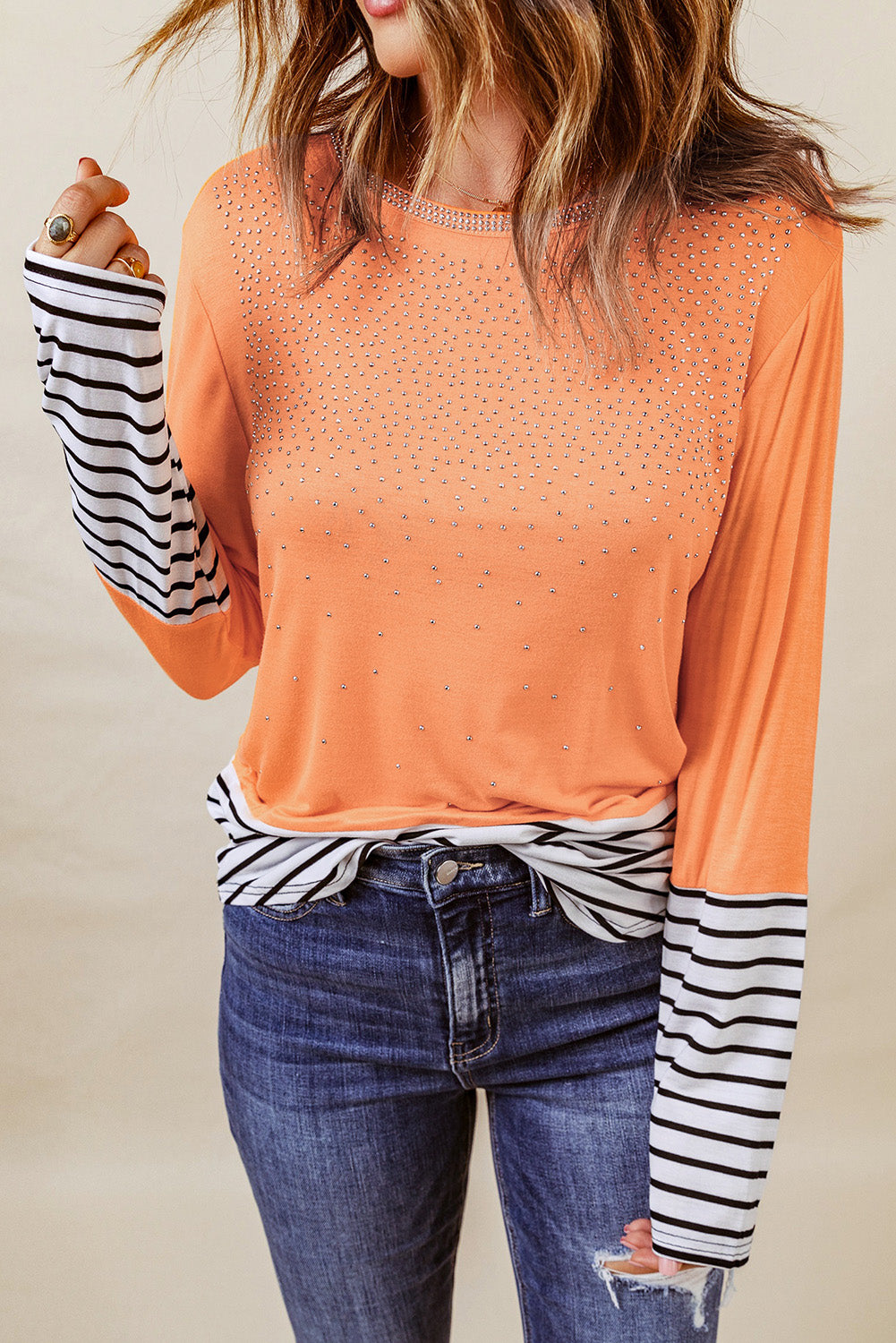 Striped Color Block Rhinestone Curved Hem Top