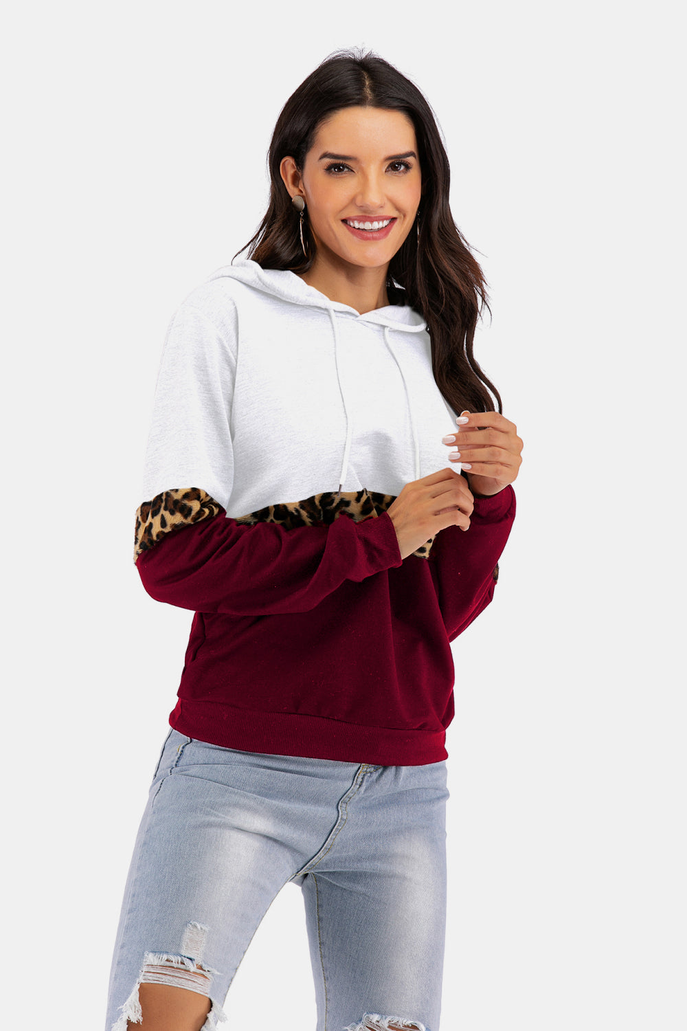 Color Block Leopard Print Drawstring Hoodie