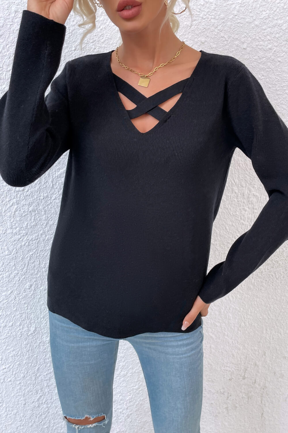 Crisscross V-Neck Knit Top