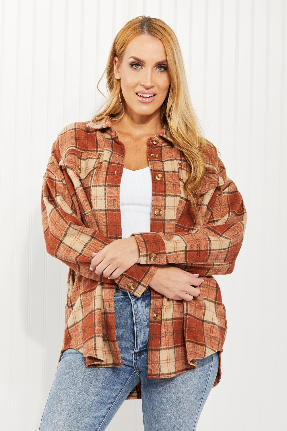 Haptics Pumpkin Pie Full Size Plaid Longline Shacket