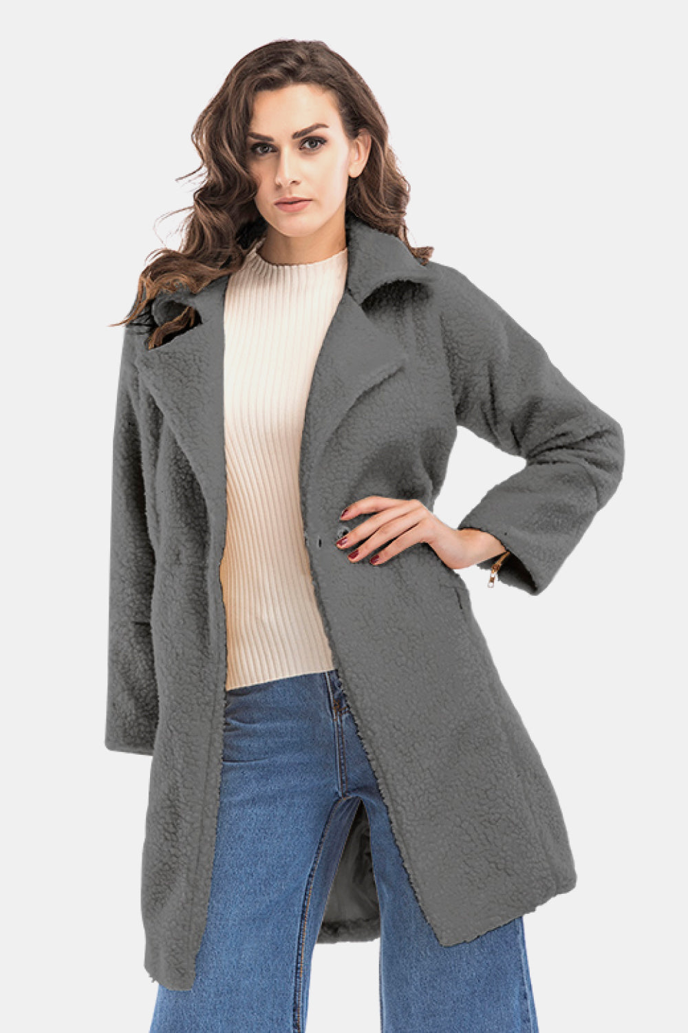 Lapel Collar Zipper Cuff Sherpa Coat