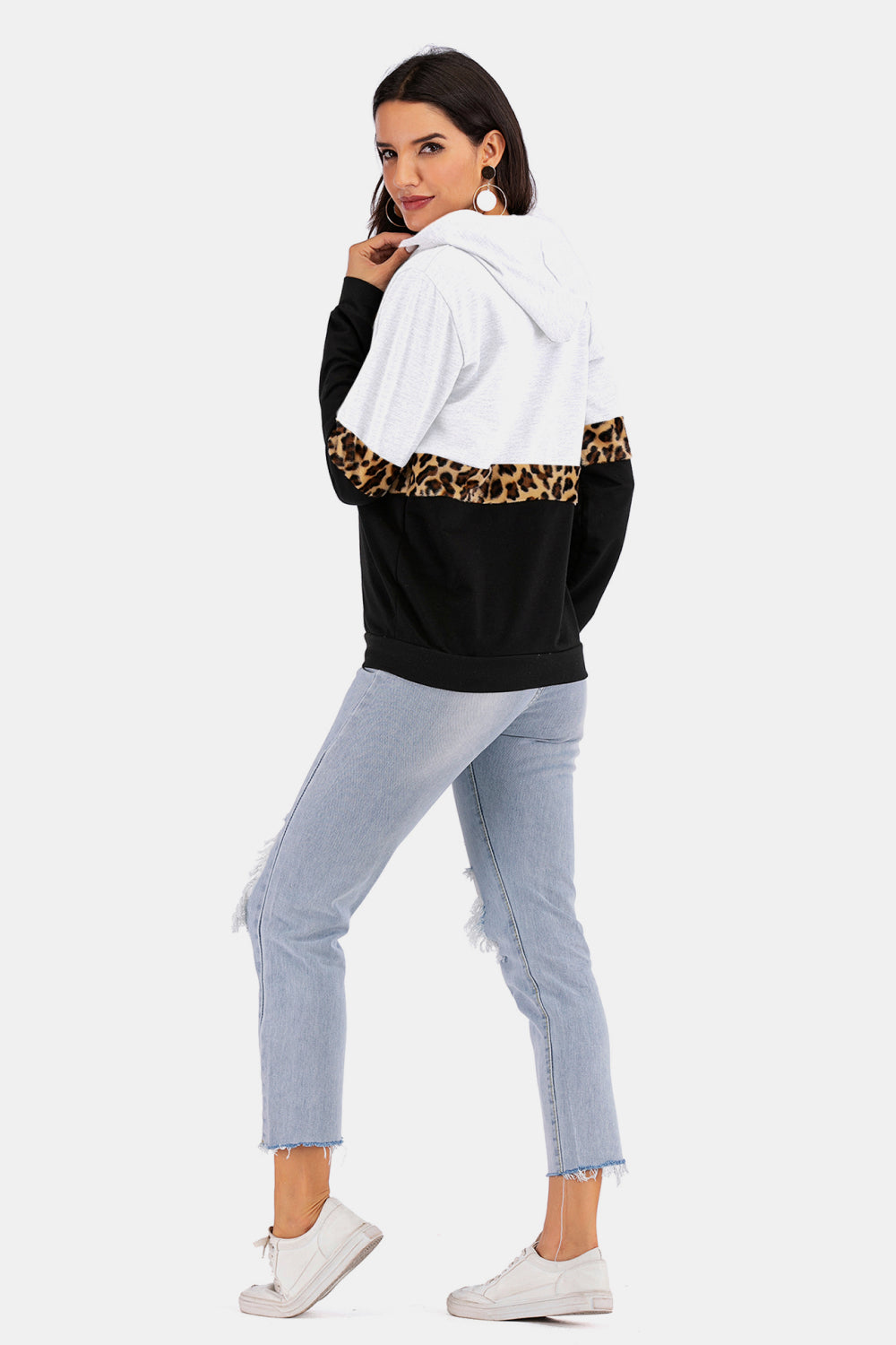 Color Block Leopard Print Drawstring Hoodie