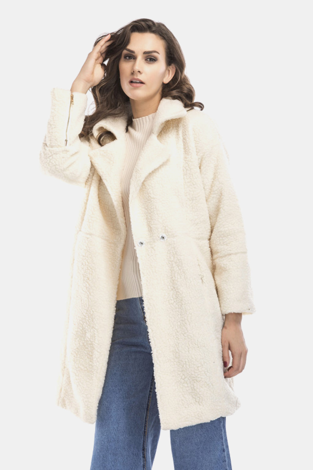 Lapel Collar Zipper Cuff Sherpa Coat