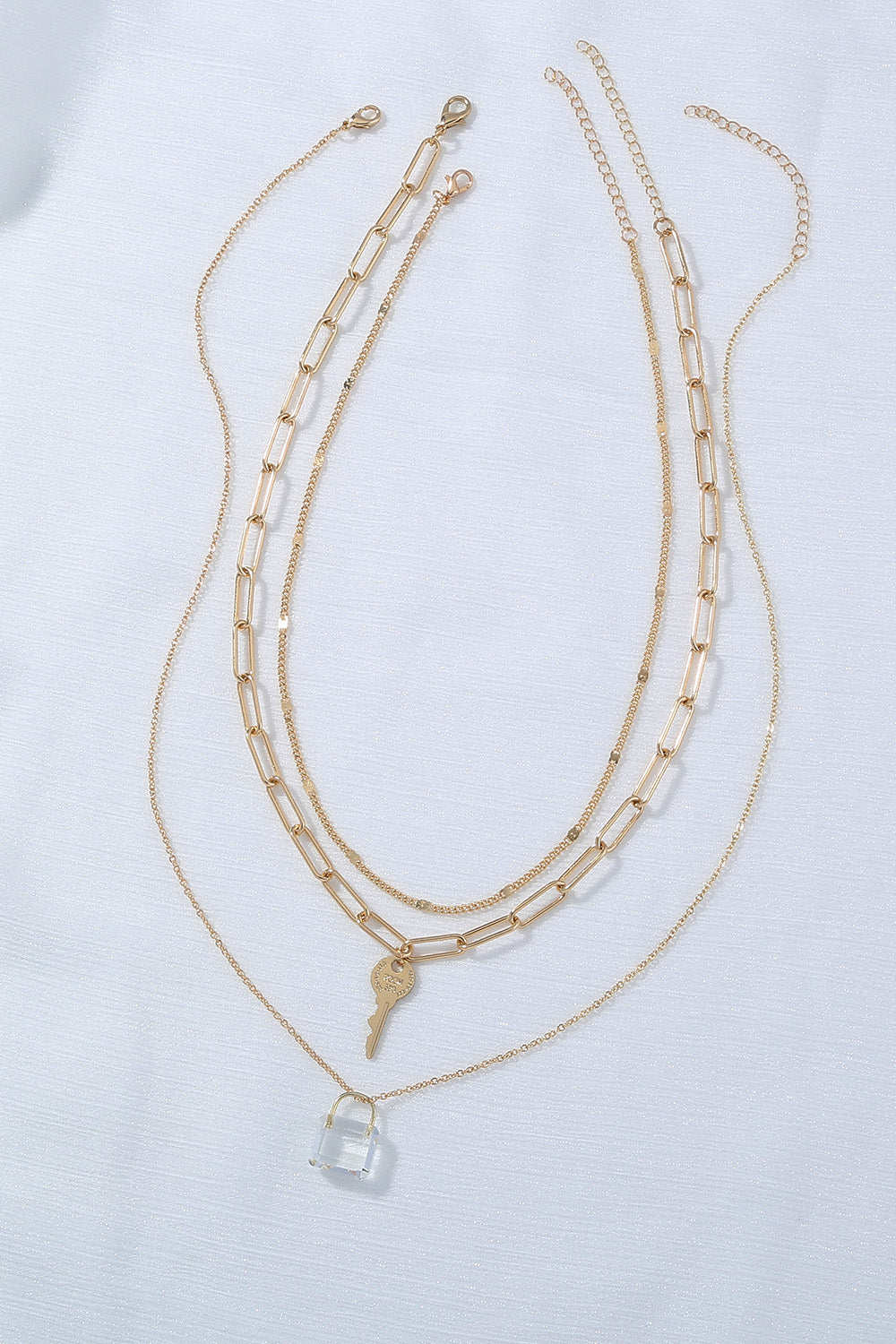 Crystal Lock and Key Pendant Three-Piece Necklace Set