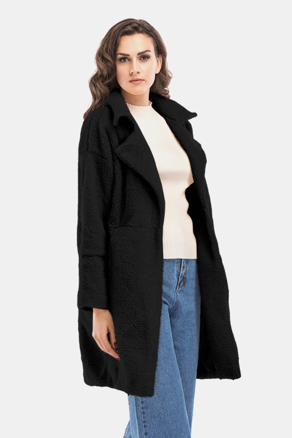 Lapel Collar Zipper Cuff Sherpa Coat