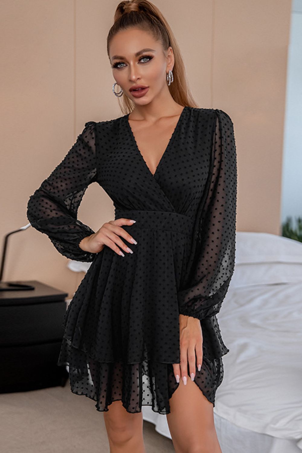 Swiss Dot Puff Sleeve Surplice Layered Dress