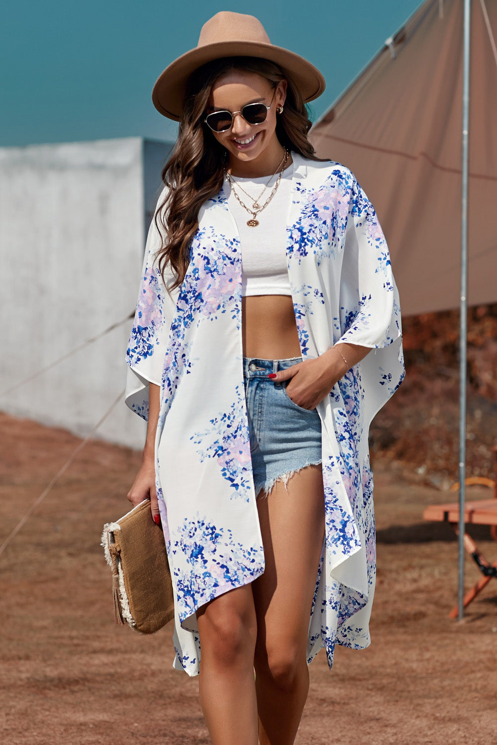 Floral Print Chiffon Kimono