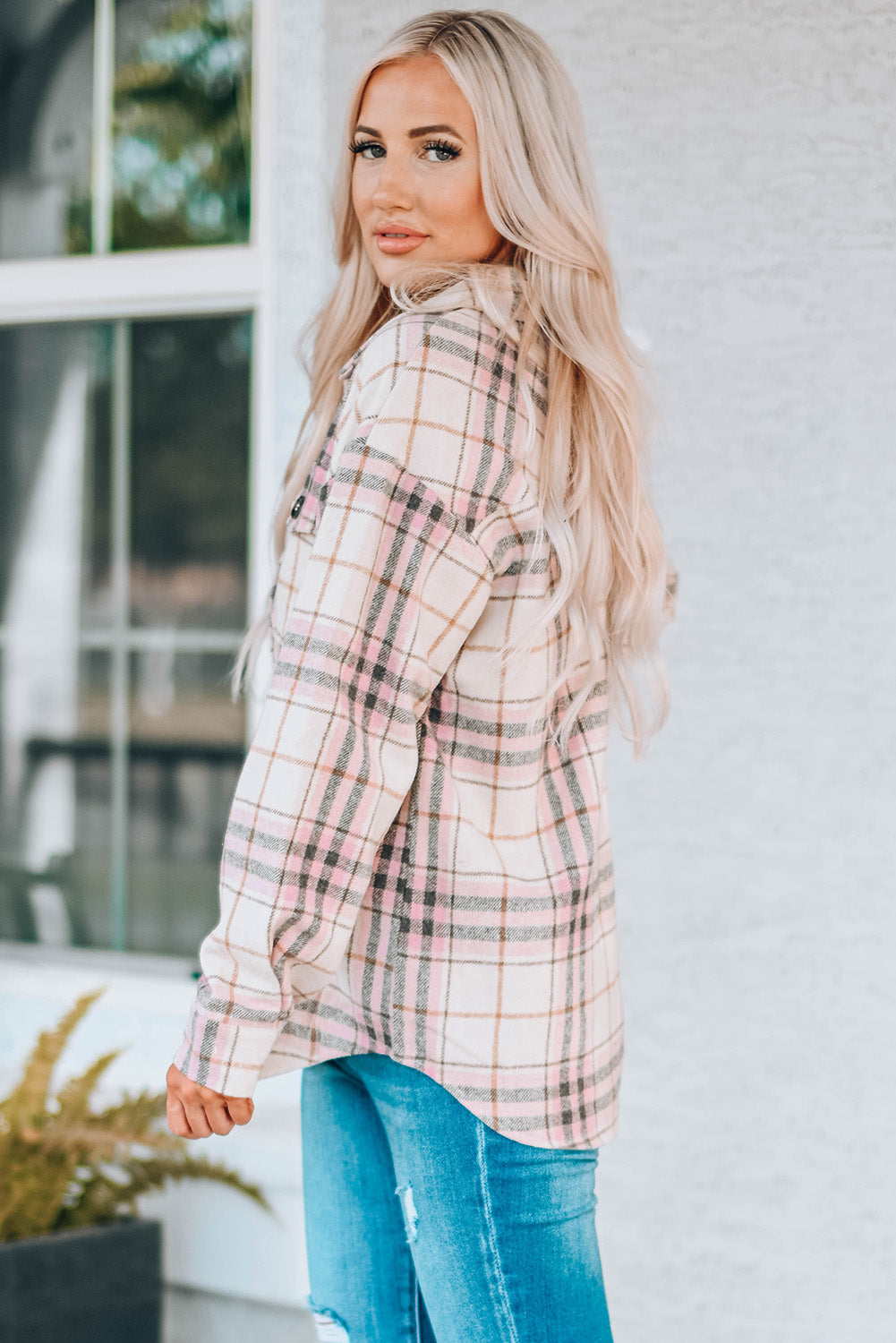Plaid Button Down Collared Shirt Jacket with Pockets