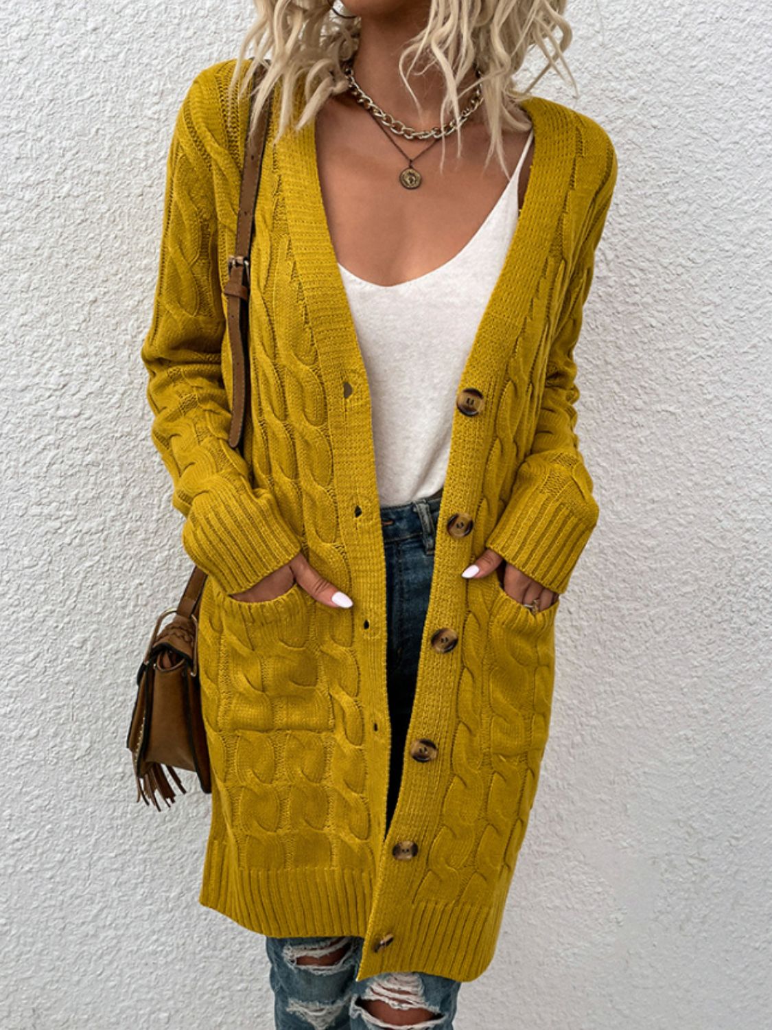 Cable-Knit Button Down Longline Cardigan with Pockets