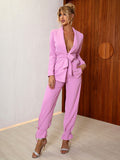 Belted Blazer and Tie-Ankle Pants Set with Pockets