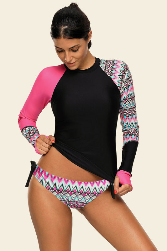 Contrast Detail Long Sleeve Tankini Set