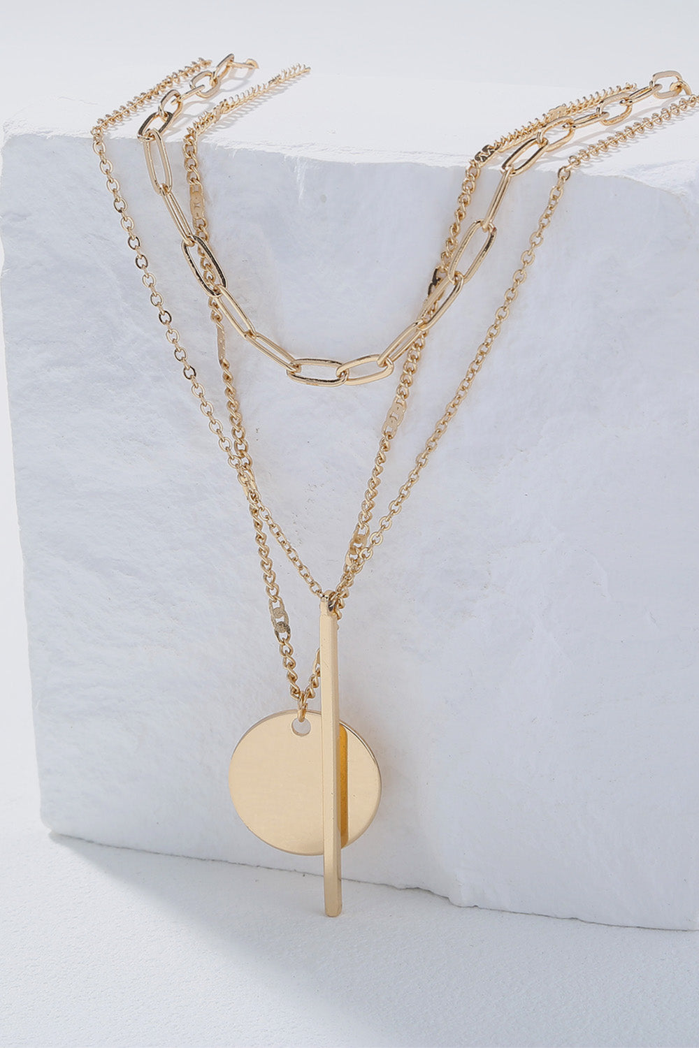 Bar and Circle Pendant Triple-Layered Necklace