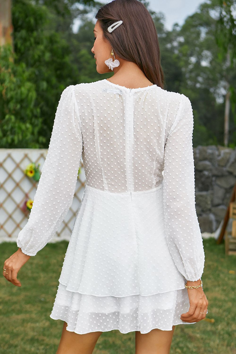 Swiss Dot Puff Sleeve Surplice Layered Dress