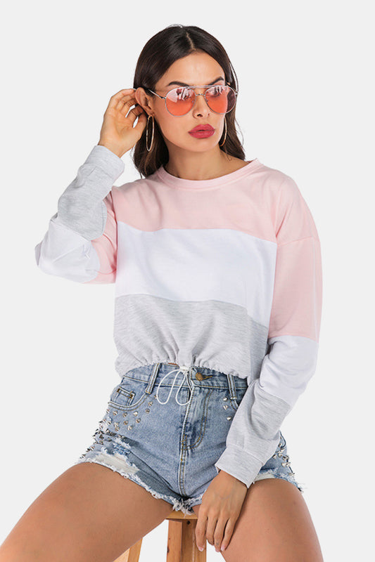Full Size Color Block Drawstring Hem Cropped Sweatshirt