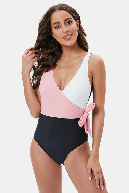 Color Block Tie-Waist One-Piece Swimsuit