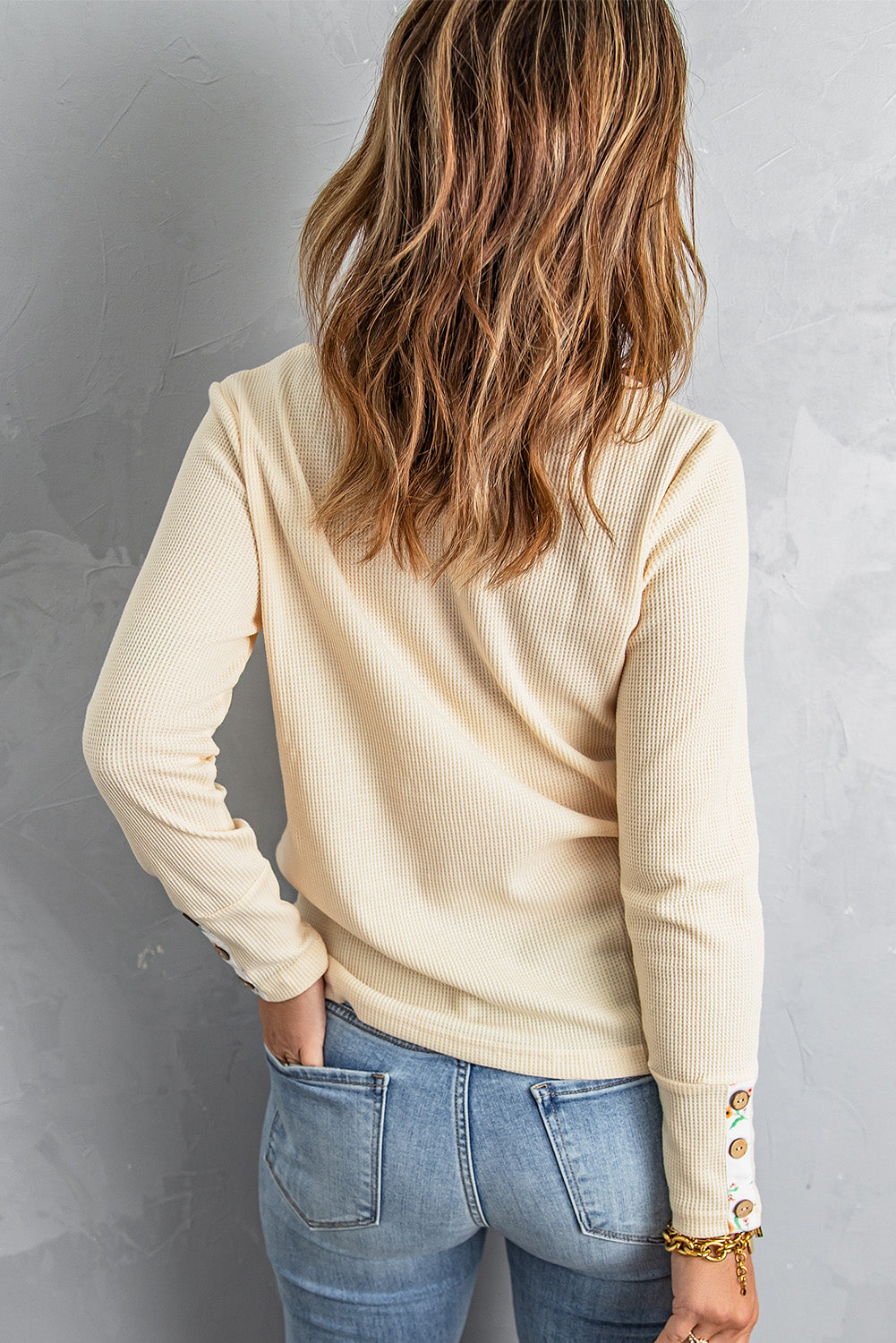 Floral Trim Waffle Knit Henley