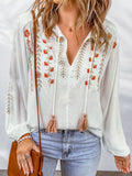 Floral Tassel Tie Balloon Sleeve Blouse