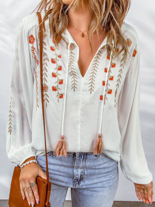 Floral Tassel Tie Balloon Sleeve Blouse