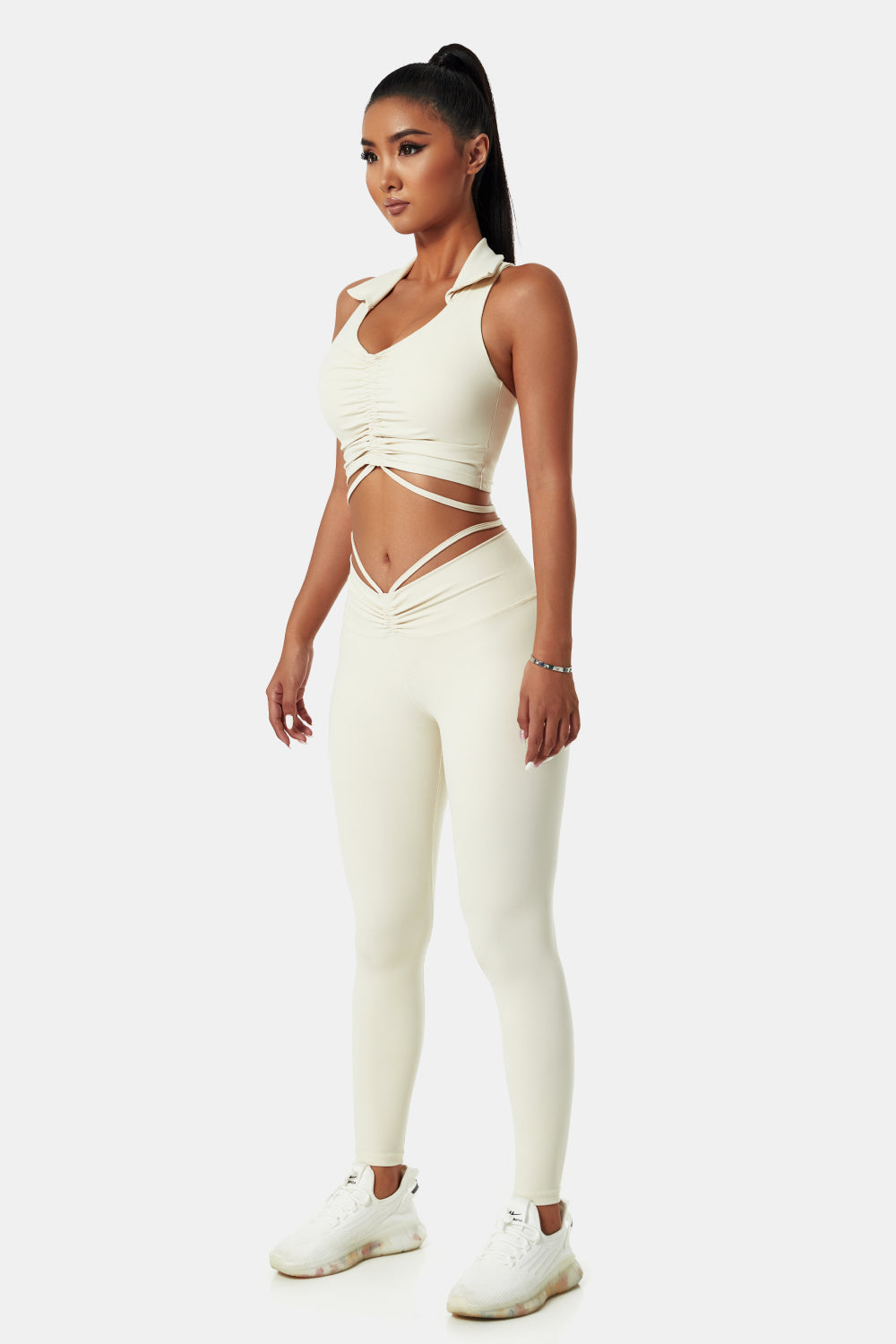 Collared Drawstring Detail Sports Bra and Leggings Set
