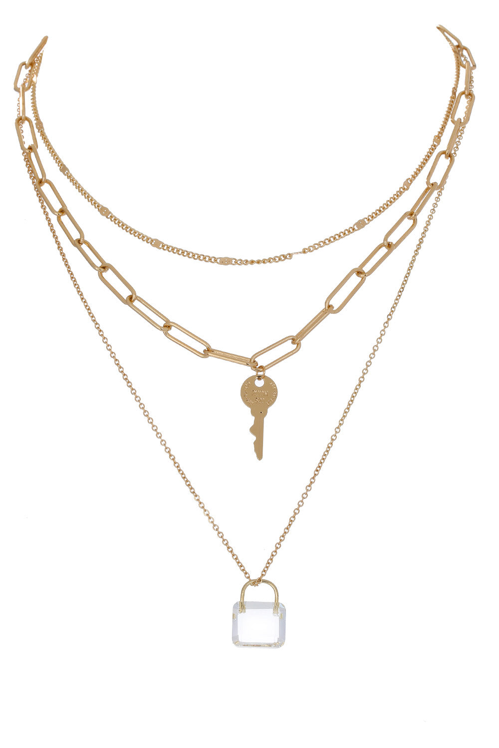 Crystal Lock and Key Pendant Three-Piece Necklace Set