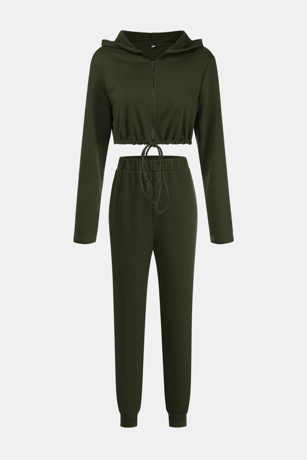 Zip Up Drawstring Cropped Hoodie and Pants Set