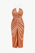 Ruched Zip Detail Spaghetti Strap Split Dress