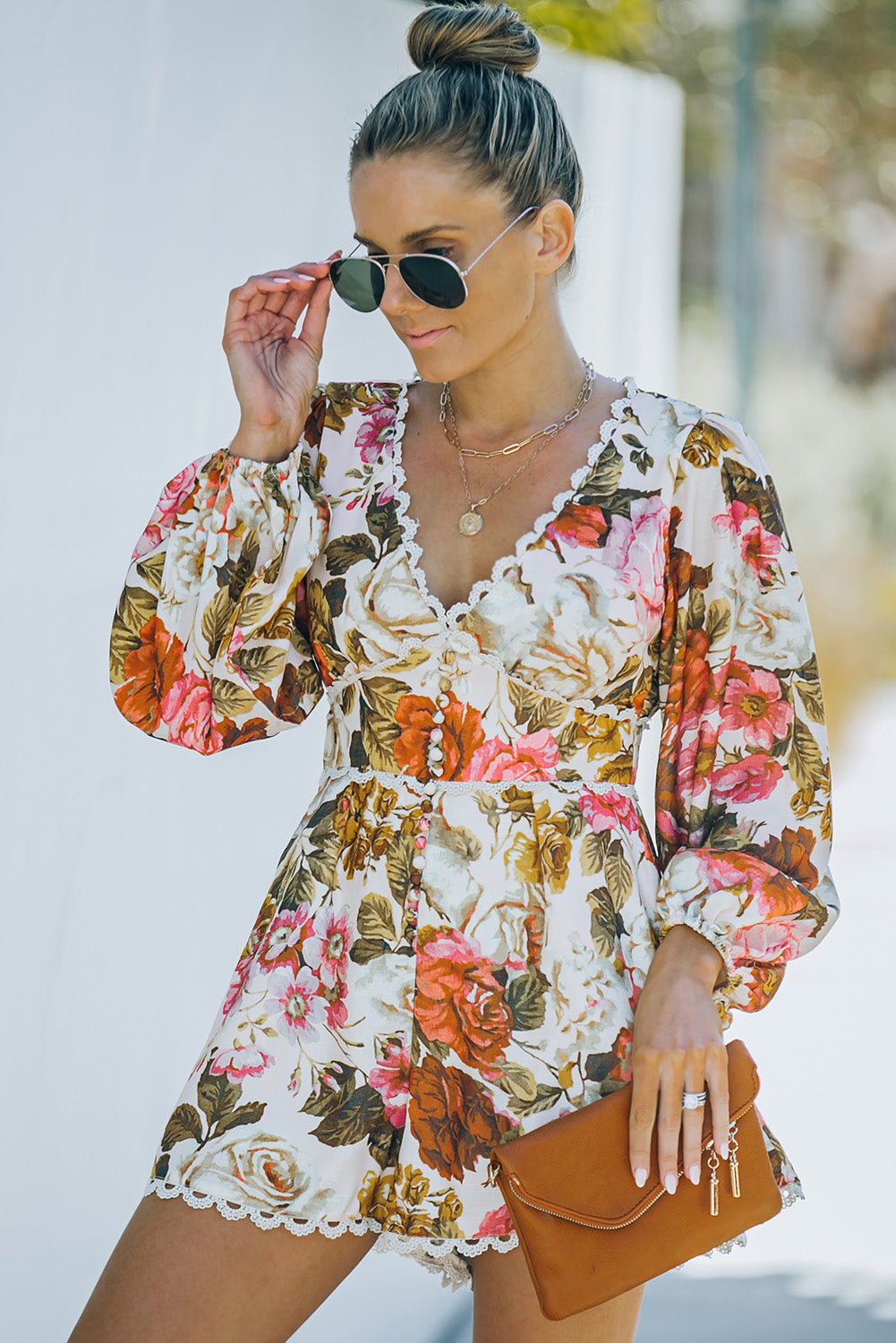 Floral  Lace Trim V-Neck Balloon Sleeve Romper