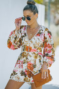 Floral  Lace Trim V-Neck Balloon Sleeve Romper