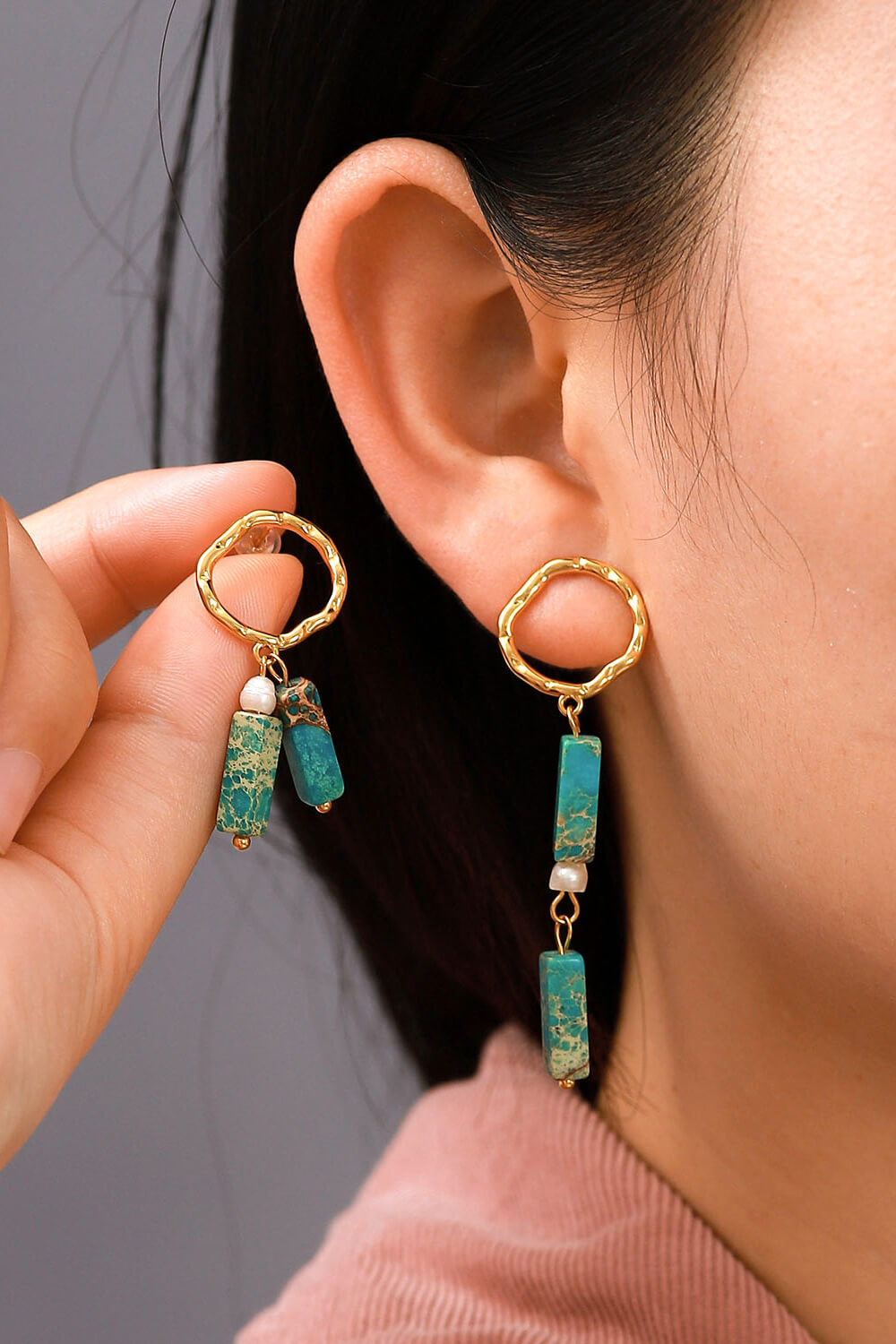 18K Gold-Plated Natural Stone Mismatched Earrings