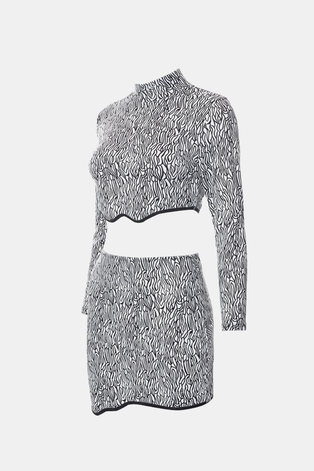 Abstract Print Mock Neck Cropped Top and Skirt Set
