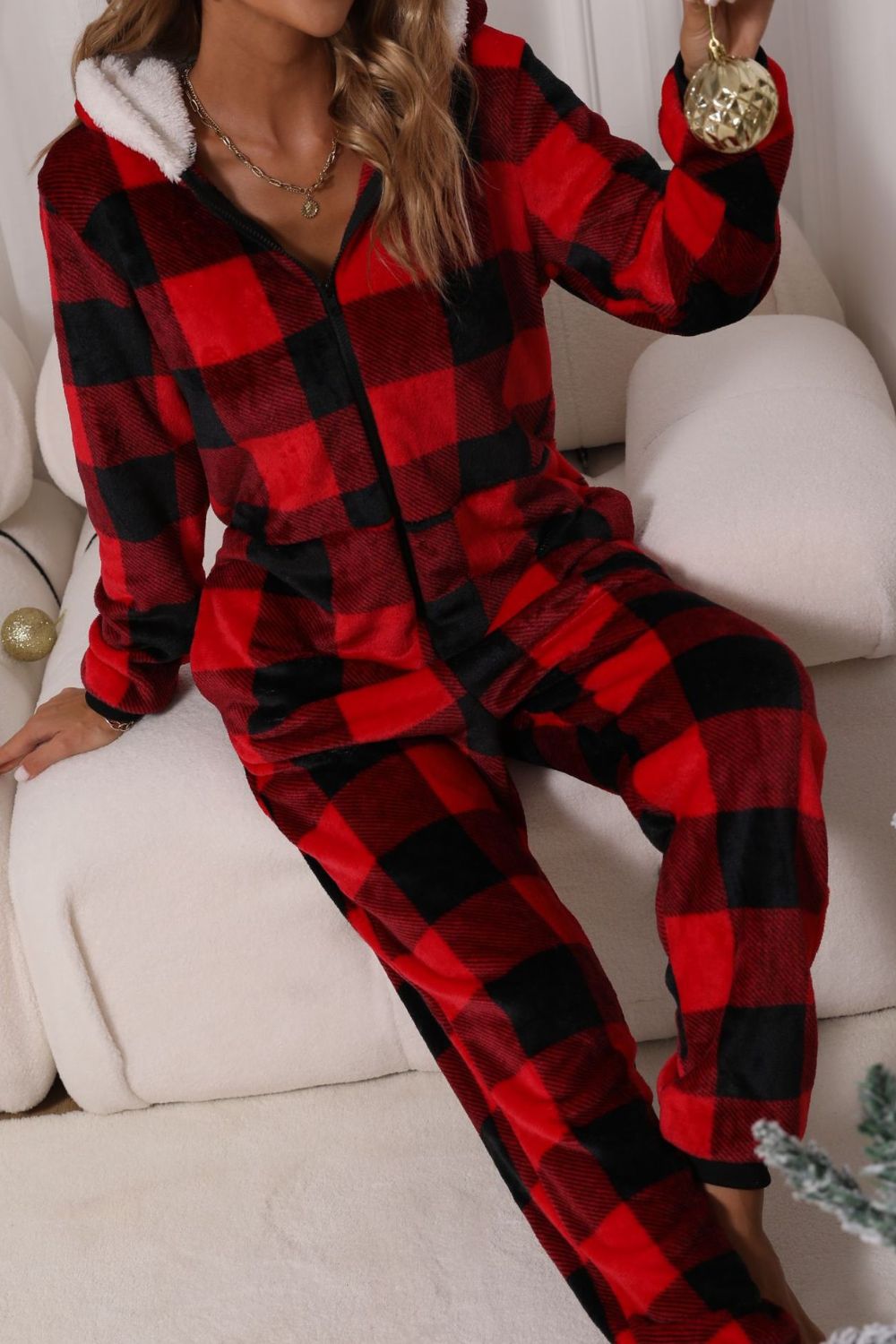 Plaid Zip Up Flannel Hooded Jumpsuit