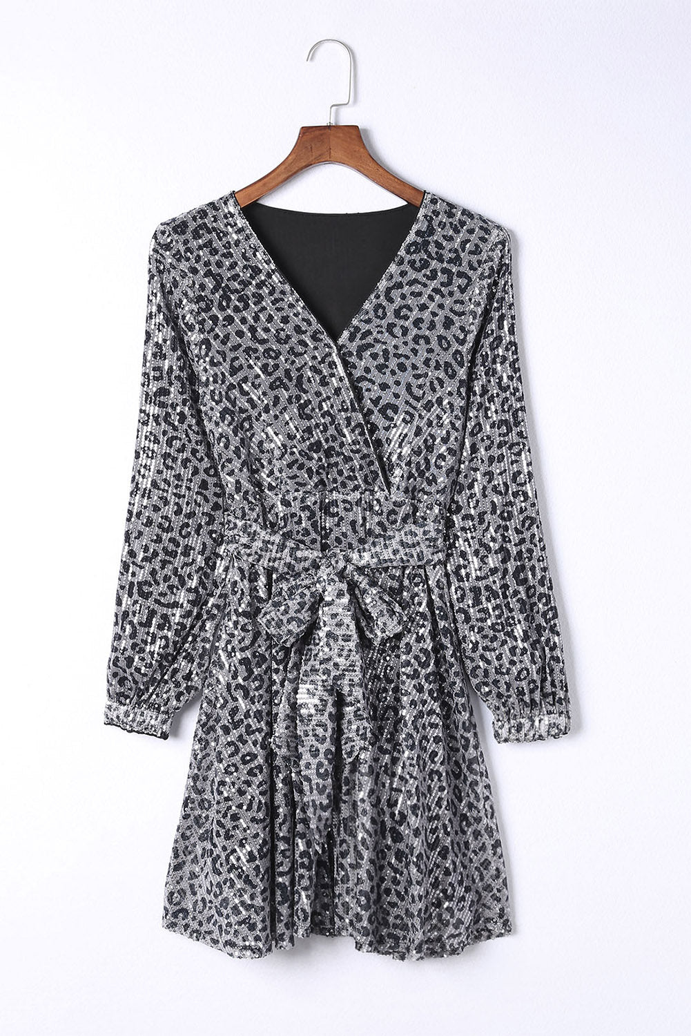 Leopard Sequin Belted Balloon Sleeve Dress