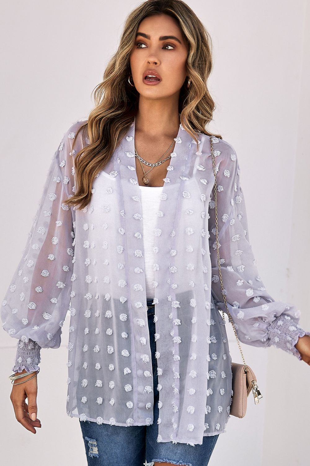 Swiss Dot Smocked Cuff Open Front Sheer Top