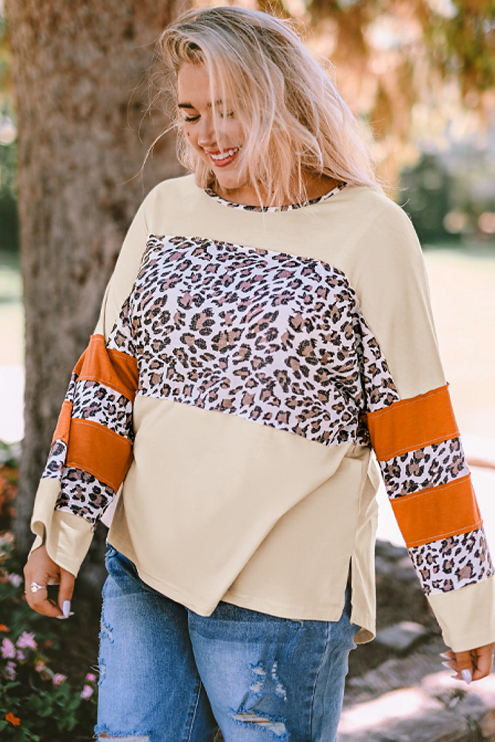 Plus Size Leopard Color Block Side Slit Top