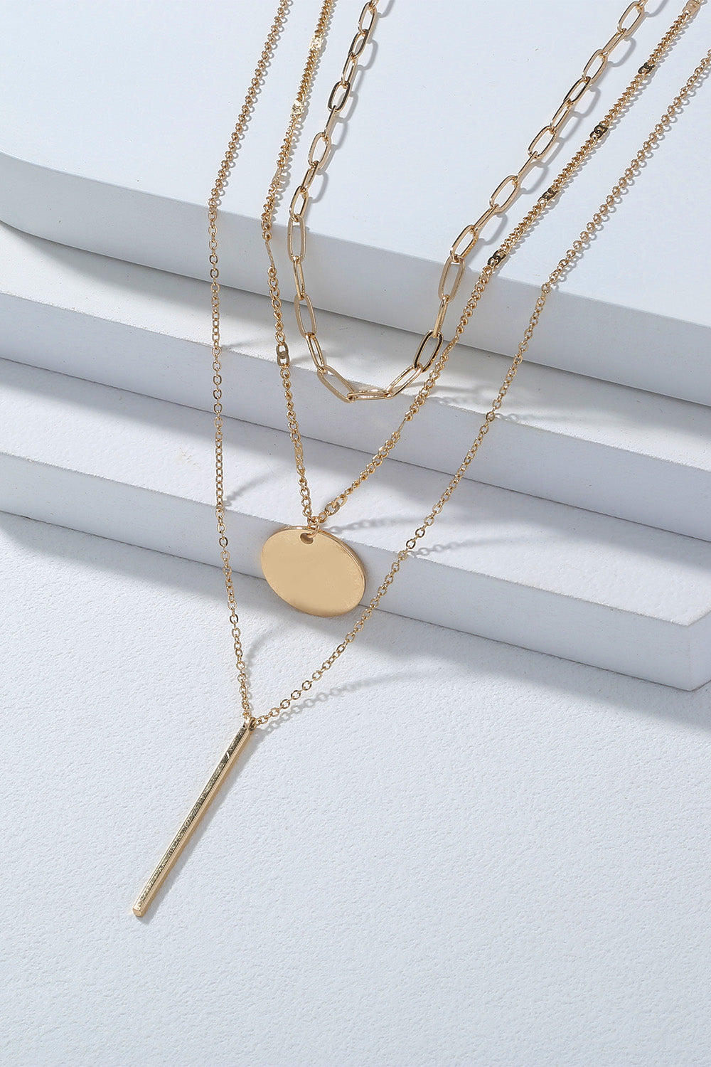 Bar and Circle Pendant Triple-Layered Necklace