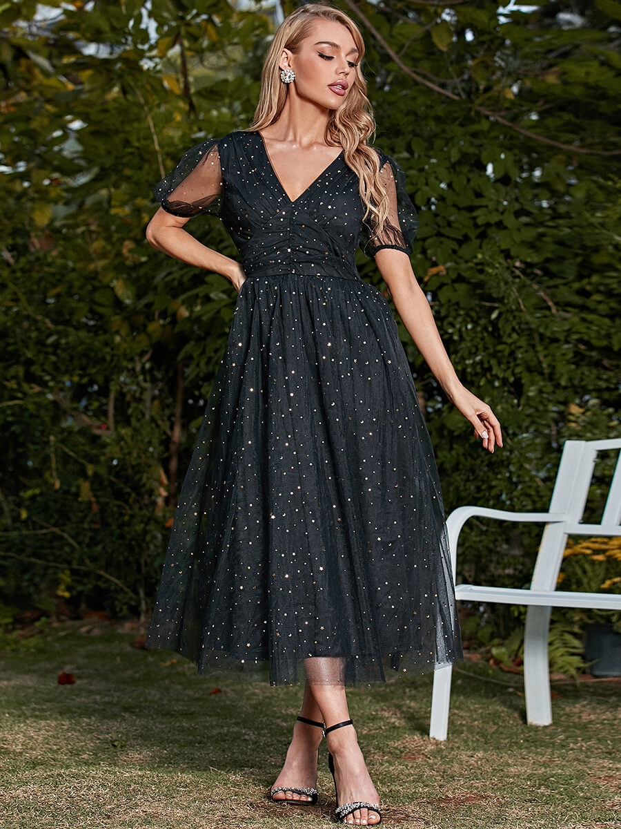 Glitter Spliced Mesh Midi Dress