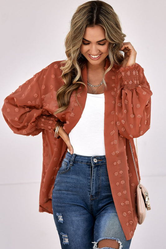 Swiss Dot Smocked Cuff Open Front Sheer Top