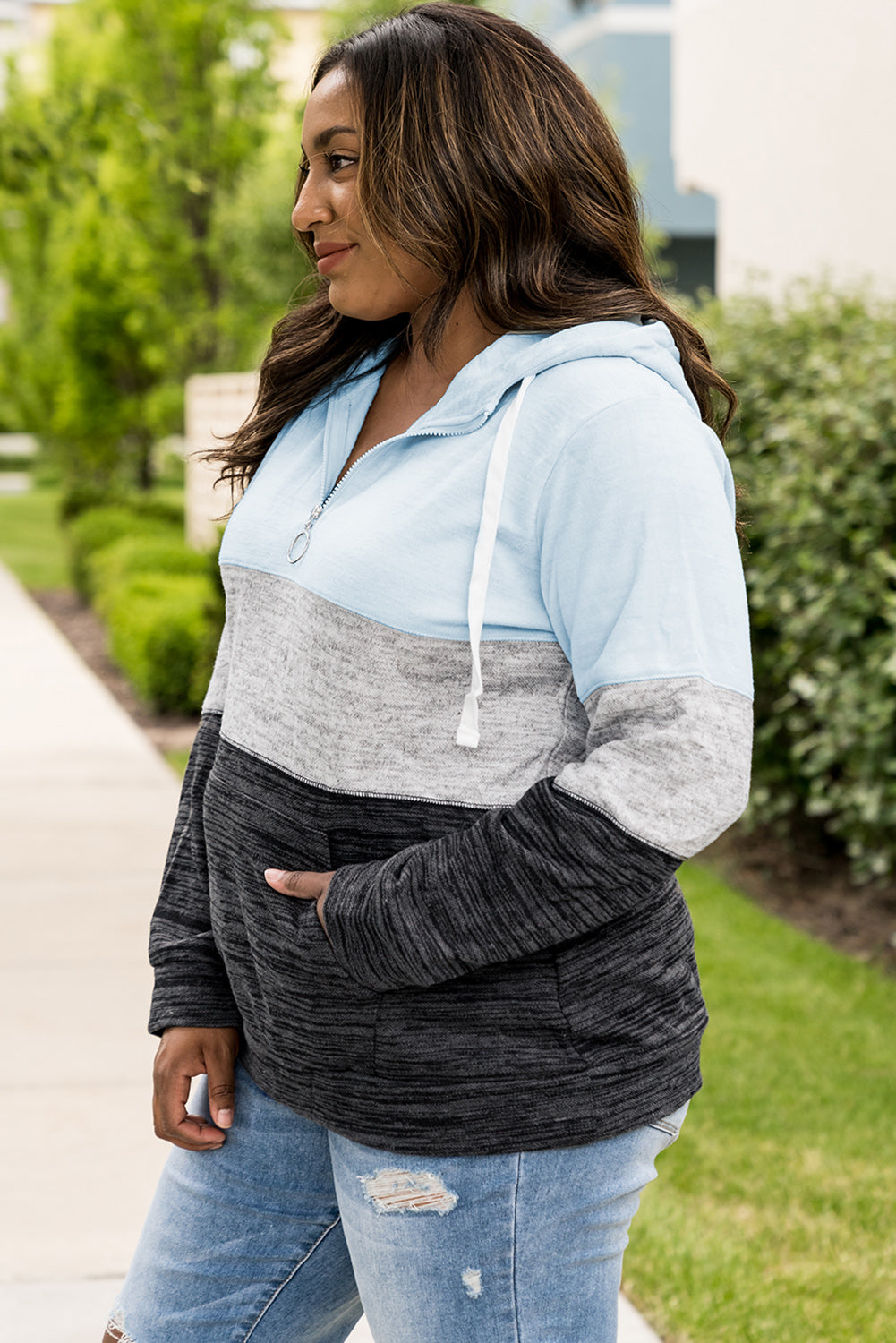 Plus Size Color Block Long Sleeve Quarter-Zip Hoodie