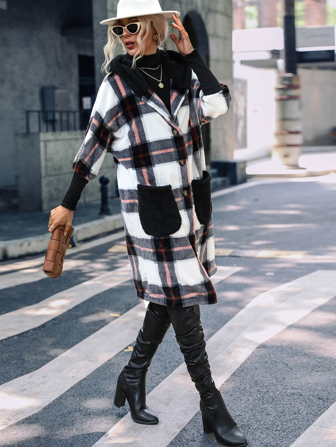 Plaid Button Down Fleece Hooded Jacket