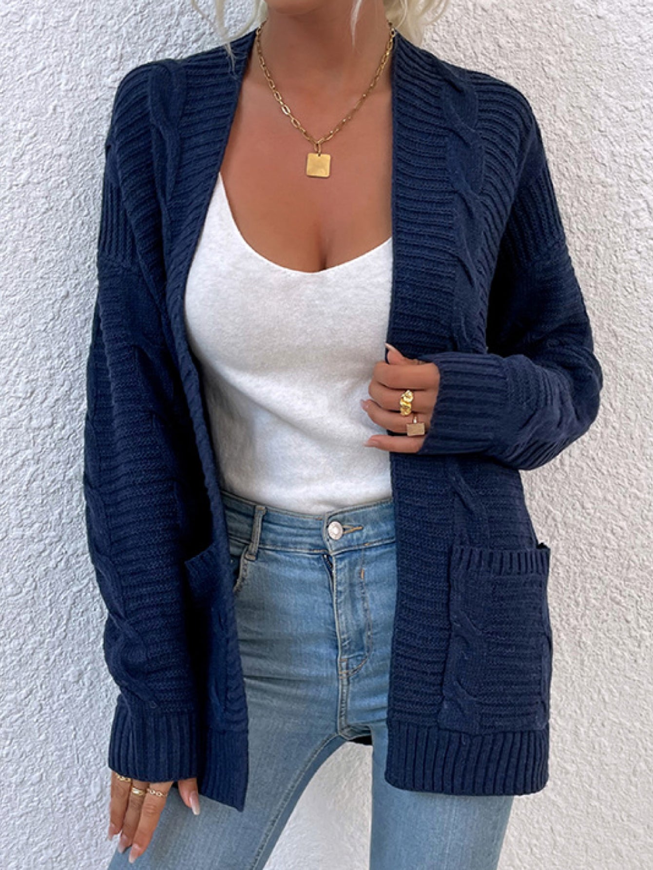 Cable-Knit Open Front Cardigan with Pockets