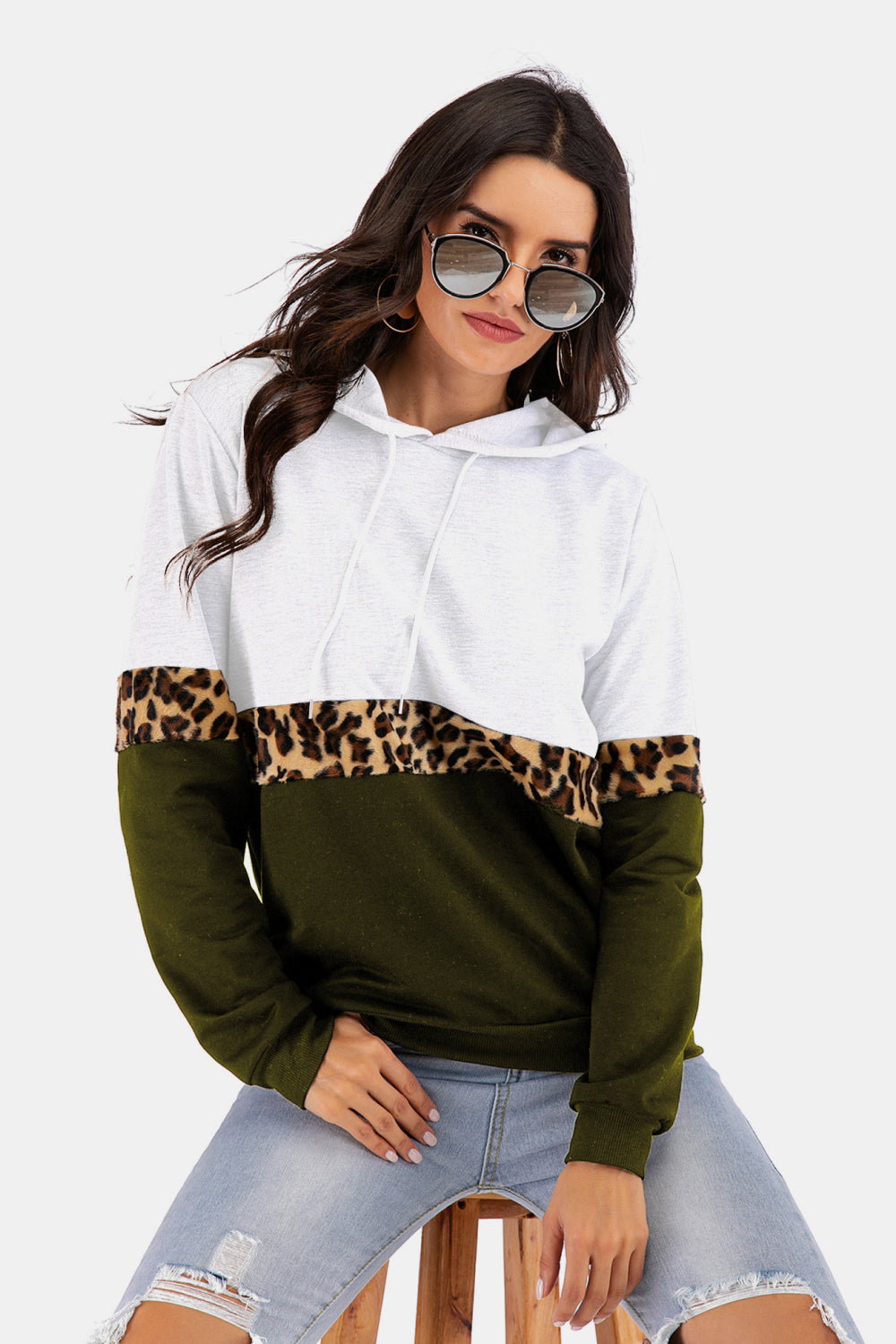 Color Block Leopard Print Drawstring Hoodie