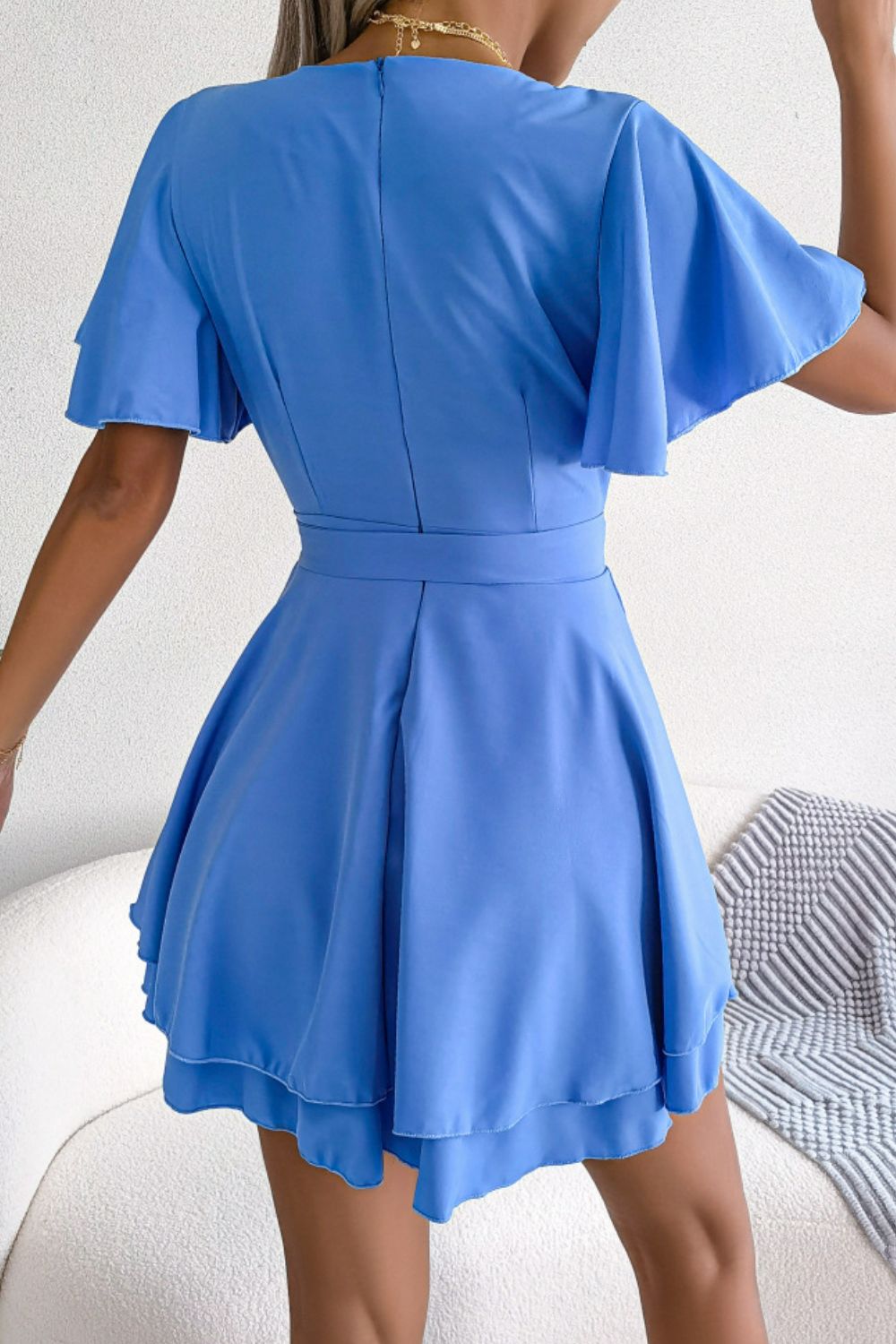 Tie Waist Flutter Sleeve Ruffled Dress