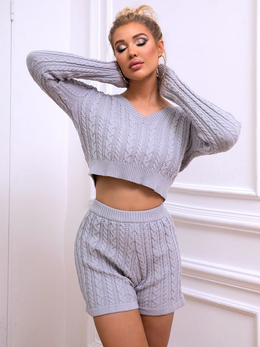 Cable-Knit Cropped Sweater and Shorts Set